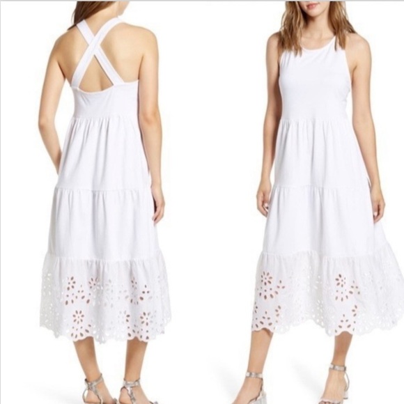 J. Crew Tiered Knit Cotton Sleeveless Tank Pullover Eyelet Lace Trim Maxi Dress - Picture 1 of 6